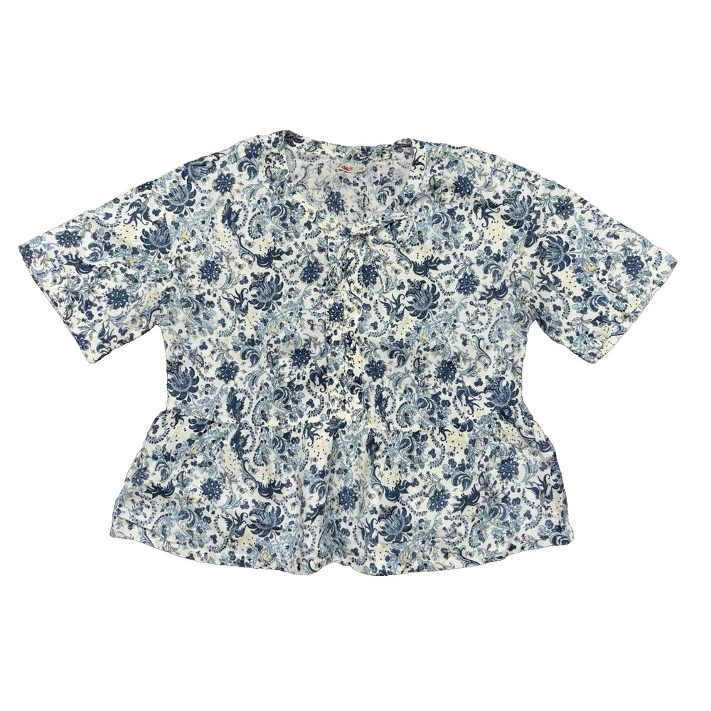 Faherty Women's Size M Shirt Sleeve Salinas Top Blue Baroque Floral 100% Linen